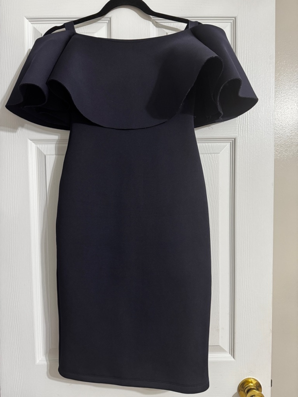 Gianni Bini Black Off-Shoulder Ruffle Scuba Midi Dress